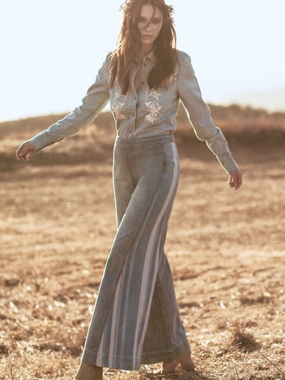 NWOT Free People Because You Are Mine Embroidered Denim Top